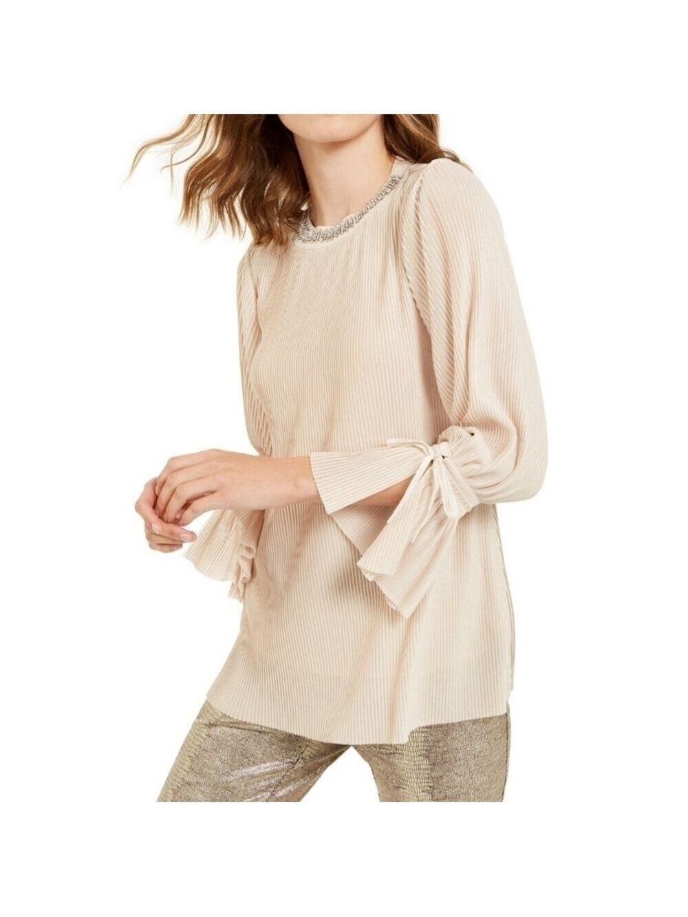 Alfani Women Petite Textured Stripes Embellished Neck Beige Top XL New With Tag